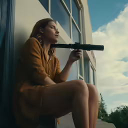 a woman sitting against a wall, holding a telescope