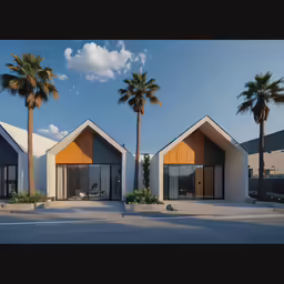 a large row of palm trees sitting next to three large white buildings