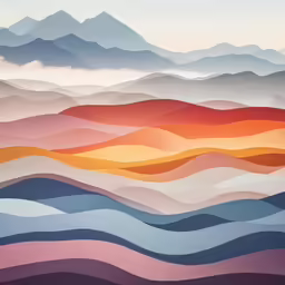 a painting with an abstract background, showing the mountain peaks