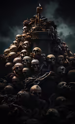 a pile of skulls with some candles on them