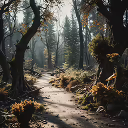 a sunlit pathway in the woods near some trees