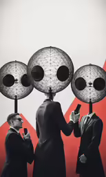 three people with four faces made out of different objects