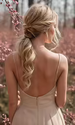 woman in dress standing in front of blossom trees looking at pink blossoms