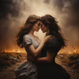 two girls, with dark background and clouds behind them