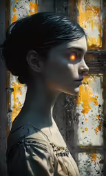 the woman is looking out the window, with yellow eyes