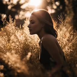 a beautiful woman is sitting in some tall grass
