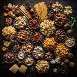 various pasta varieties displayed in plastic bowls on a table