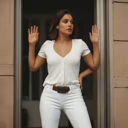 a woman in white clothes posing by some doors