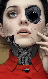 a woman with an odd eye patch and face makeup