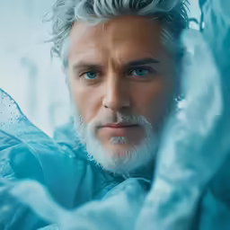 a man in blue looks in the camera while wearing a white beard