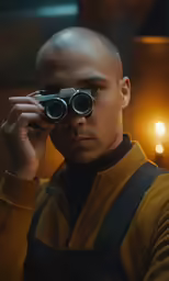a man holding binoculars and looking into the camera