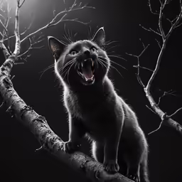 a cat is on the branch of a tree at night