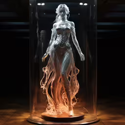 the female ghost figure in the case is glow - able,a futuristic lady in a glass case looking into the camera