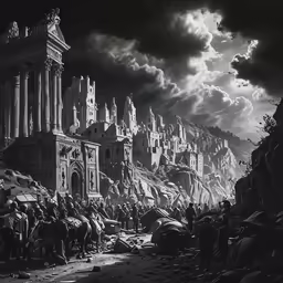 a black and white photograph of people near a castle