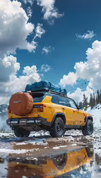 a yellow truck with an old fashioned luggage rack