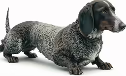 a gray and black puppy standing next to the camera