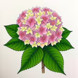 a colored drawing of flowers and leaves with white background,a drawing of a large pink and yellow flower with a leaf stem
