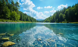 a calm river with water and rocks is surrounded by trees