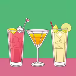 three glasses of different type of drinks sitting on a table,three glasses filled with drinks on top of a table