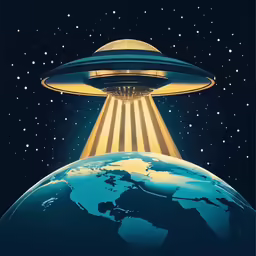 the end of an alien ship with lights shining over a earth