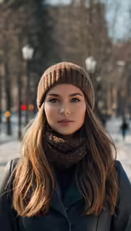 young woman with a brown winter hat and scarf
