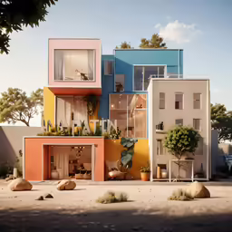 several apartment buildings with small patios and plants
