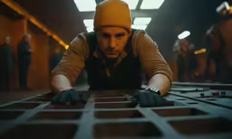 the man in yellow hat is inspecting a maze