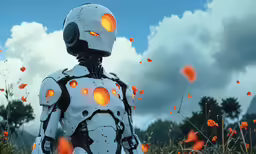 a futuristic humanoid stands in tall grass with yellow eyes