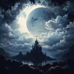 a castle in the sky with clouds on a dark day