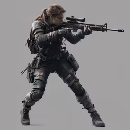 a women in grey military gear with a rifle