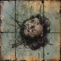 a girl with a black nose and blue eyes laying down