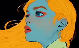 a woman with blue eyes has long blonde hair and has blue skin
