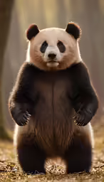 a large panda standing in a forest of leaves