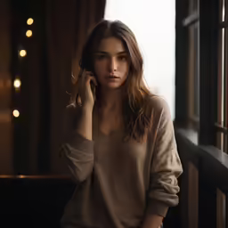 woman sitting on balcony holding her hand up to her face