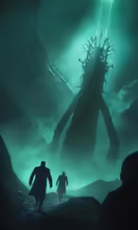 two men are walking through a green foggy cave