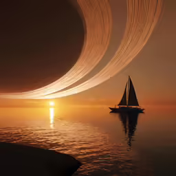 a ship sailing past a large ringed star