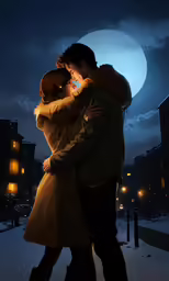 a man and woman standing close together in the snow