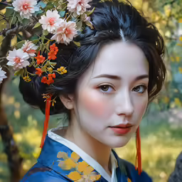 an oriental woman wearing traditional chinese dress and holding up flowers