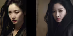 two photos of a woman in brown clothing,a young asian woman with her long hair blowing in the wind