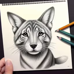 drawing a face of a cat with markers,a person holding up a drawing of a cat