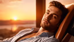 man reclining in a chair while watching the sun go down,a man with his head propped on a leather chair looking at the sun