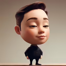 a small character with long brown hair, wearing a black suit and brown shoes