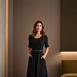 a woman in a black dress posing for a picture