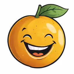 an orange with a happy face and green leaf on its head