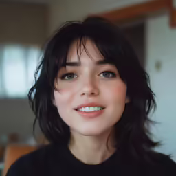 a woman wearing a black shirt and a fringe haircut