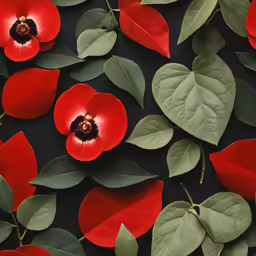 red flowers and leaves on a black surface