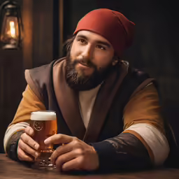 a man with a beard wearing a red beanie