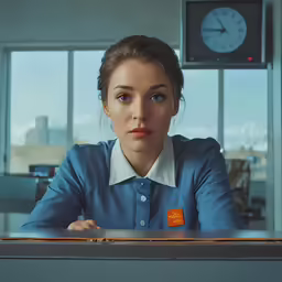 a woman sitting at a desk with a clock in the background