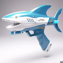 a toy water gun with shark head on it,a nerfo nerfo shark has been painted blue