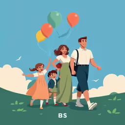 a family standing next to each other on top of a field